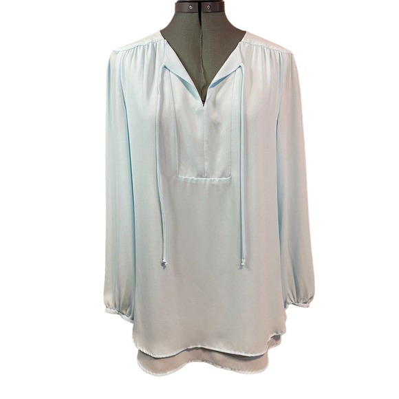 Chicos M/8 Sz 1 Layered Tie-Front Powder Blue Popover Blouse Peasant Long Sleeve - Picture 1 of 14